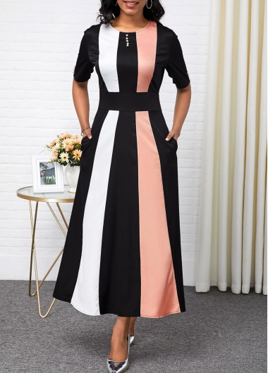 Color Block High Waist Button Detail Maxi Dress - L