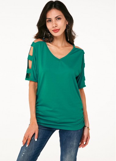 Modlily Ladder Cutout Sleeve V Neck Soft T Shirt - XS