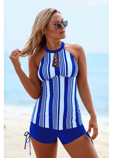 Modlily Royal Blue Stripe Print Cutout Neck Back Free Drawstring Side Tankini Set - 14
