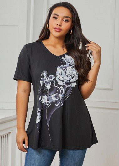 Modlily V Neck Flower Print Black Plus Size T Shirt - 1X