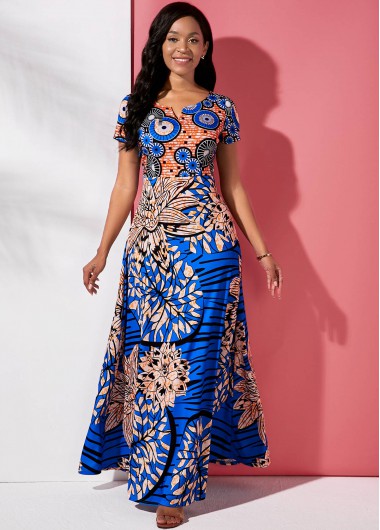 Modlily Tribal Print Round Neck Short Sleeve Maxi Dress - XS