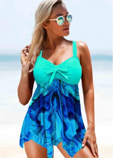 Modlily Printed Asymmetric Hem Bowknot Mint Green Swimdress Top - XS