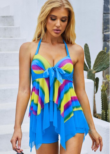 Modlily Bowknot Cyan Rainbow Stripe Halter Swimdress and Shorts - XS