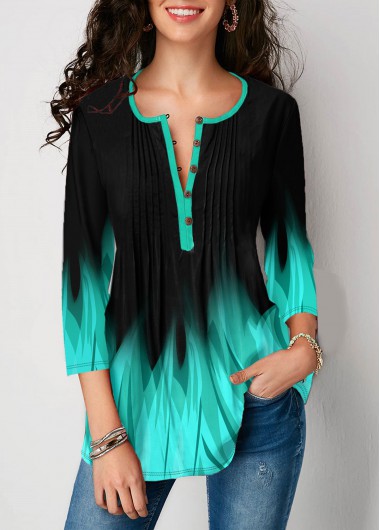 Modlily Mint Green Gradient Three Quarter Sleeve Printed Blouse - M