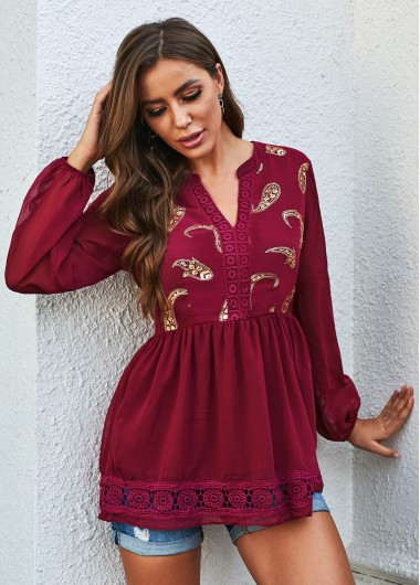Lace Stitching Paisley Lantern Sleeve Boho Vibe Blouse - L