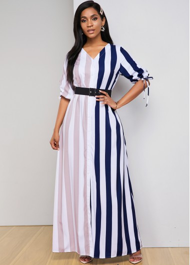 Contrast Striped Drawstring Sleeve V Neck Maxi Dress - L
