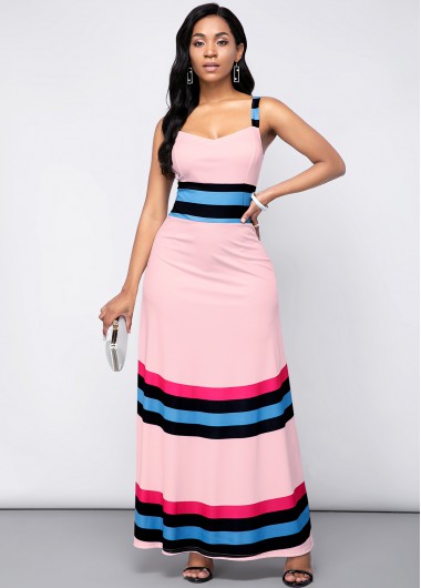 Modlily Rainbow Stripe Spaghetti Strap High Waist Dress - S