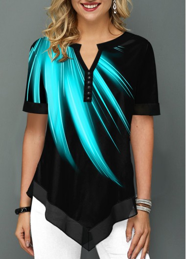 Modlily Asymmetric Hem Printed Split Neck Mint Green Blouse - XS