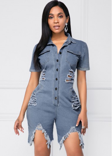 Modlily Turndown Collar Chest Pocket Button Up Shredded Denim Romper - M