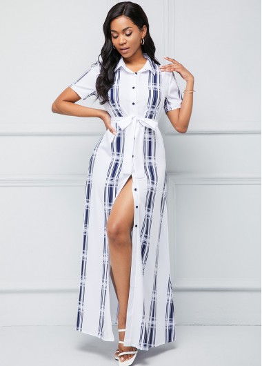 Button Up Turndown Collar Geometric Print Belted Dress - L