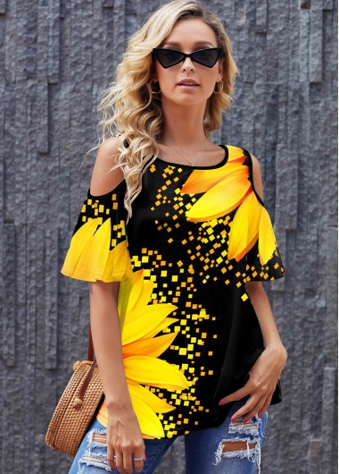 Modlily Sunflower Print Cold Shoulder Round Neck T Shirt - S