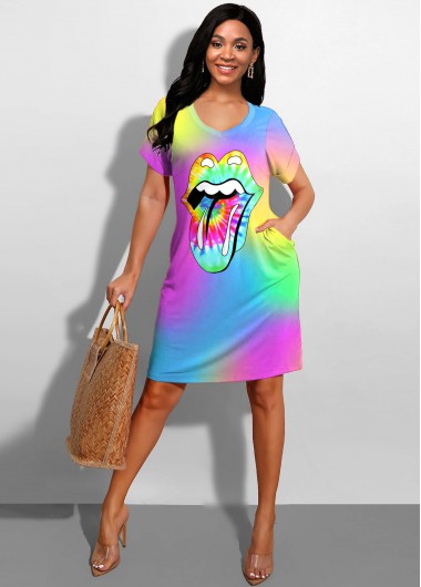 Modlily Rainbow Color Printed Side Pocket Dress - M