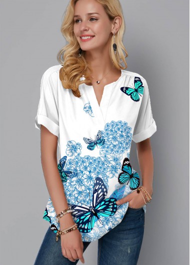 Modlily Butterfly Print Split Neck Short Sleeve Blouse - XS
