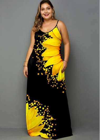 Modlily Plus Size Sunflower Print Spaghetti Strap Side Pocket Maxi Dress - 2X