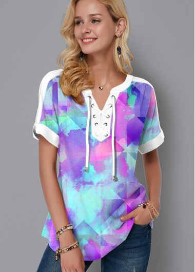 Modlily Tie Dye Print Lace Up Short Sleeve Blouse - XS