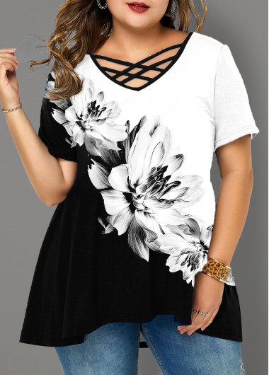 Modlily Plus Size Floral Print Cross Strap T Shirt - 2X