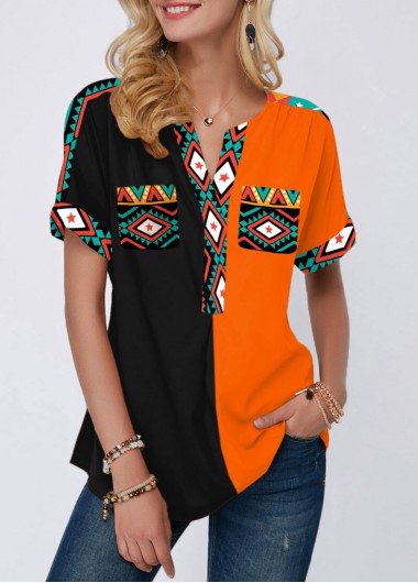 Modlily Tribal Print Color Block Short Sleeve Blouse - S