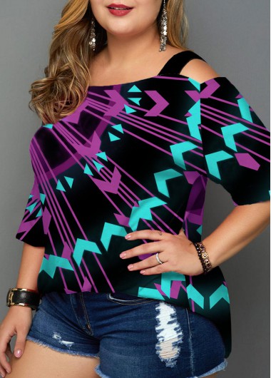 Modlily Plus Size Geometric Print Cold Shoulder T Shirt - 1X