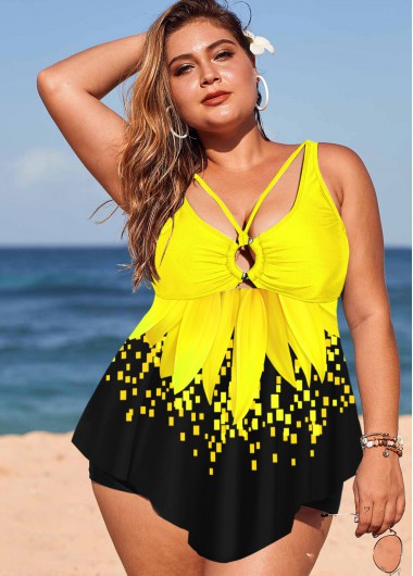 Modlily Plus Size Sunflower Print Ring Detail Swimdress and Shorts - 3X