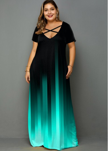 Modlily Plus Size Ombre Printed Pocket Maxi Dress - 3X
