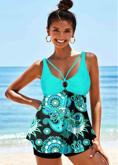 Modlily Paisley Print Ring Detail Spaghetti Strap Tankini Set - XS