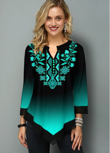 Modlily Asymmetric Hem Tribal Print Gradient Blouse - XS