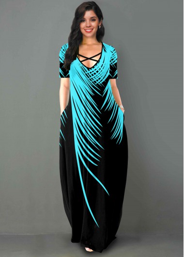 Palm Leaf Print Side Pocket Short Sleeve Maxi Dress - L