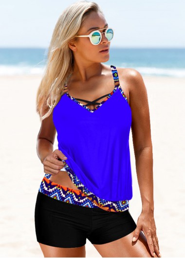 Modlily Blue Tribal Print Strappy Back Tankini Set - XXL