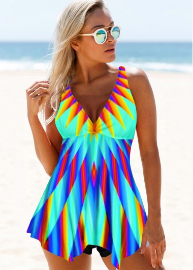 Modlily Rainbow Color Printed Spaghetti Strap Swimdress Top - XS