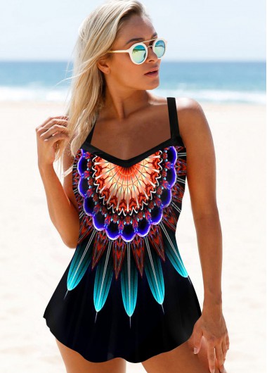 Modlily Rainbow Color Tribal Print Spaghetti Strap Swimdress and Panty - XS