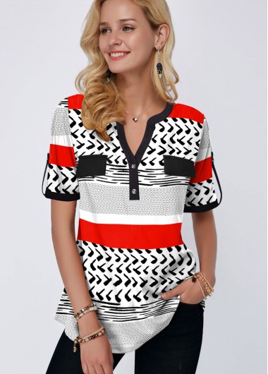 Modlily Geometric Print Split Neck Short Sleeve Blouse - XS