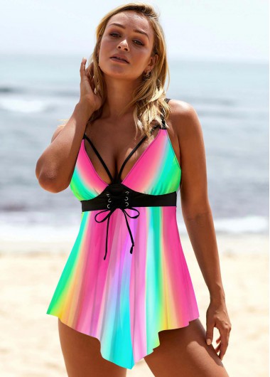 Modlily Rainbow Color Printed Asymmetric Hem Swimdress Top - M