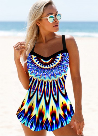 Modlily Spaghetti Strap Tribal Print Curved Hem Swimdress Top - XS