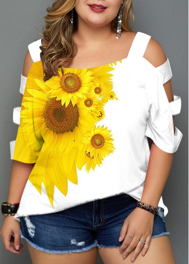 Modlily Plus Size Sunflower Print Ladder Cutout Tunic Top - 3X