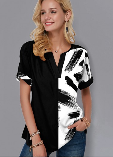 Modlily Printed Split Neck Short Sleeve Blouse - XS