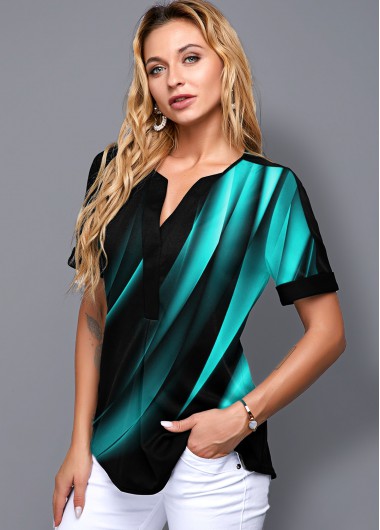 Modlily Printed Split Neck Gradient Short Sleeve Blouse - XS