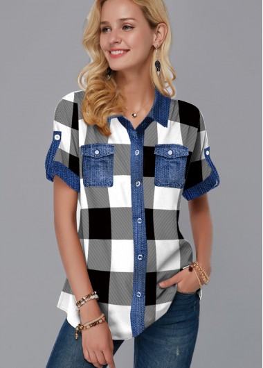 Modlily Plaid Print Button Up Short Sleeve Blouse - XS