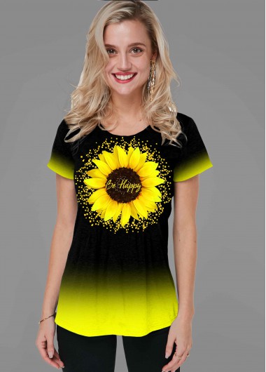 Modlily Sunflower Print Gradient Short Sleeve T Shirt - XS
