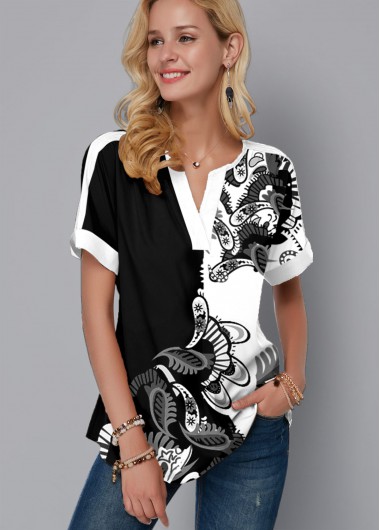 Modlily Paisley Print Split Neck Short Sleeve Blouse - S