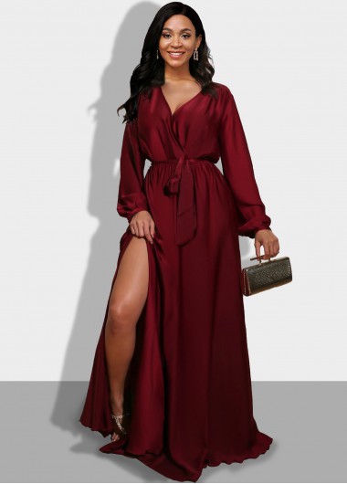 Side Slit Long Sleeve Wine Red Maxi Dress - L