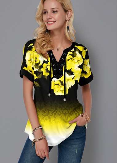 Modlily Gradient Lace Up Floral Print Blouse - XS
