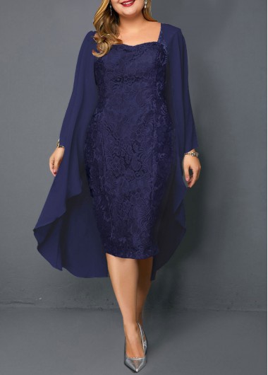 Modlily Plus Size Dress Navy Blue Dress Chiffon Cardigan And Sleeveless Dress Lace Dress - 3X