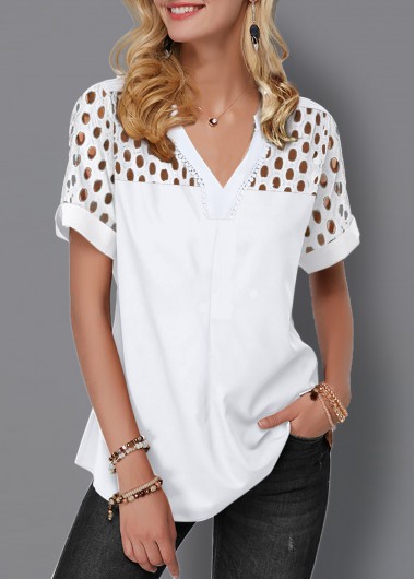 Modlily Lace Panel Split Neck Short Sleeve Blouse - 8