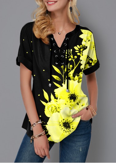 Modlily Floral Print Lace Up Short Sleeve Blouse - XS