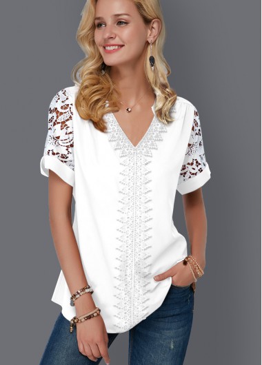 Modlily Lace Panel Split Neck Short Sleeve Blouse - S
