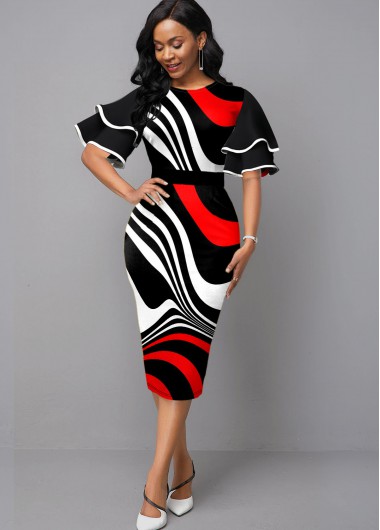 Modlily Contrast Ruffle Sleeve Stripe Print Sheath Dress - XXL