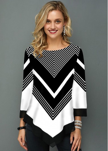 Modlily Asymmetric Hem Chevron Print Three Quarter Sleeve T Shirt - XS
