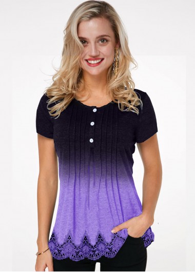 Modlily Color Block Lace Button Shirt for Women Round Neck Crinkle Chest Lace Hem Ombre T Shirt - XS