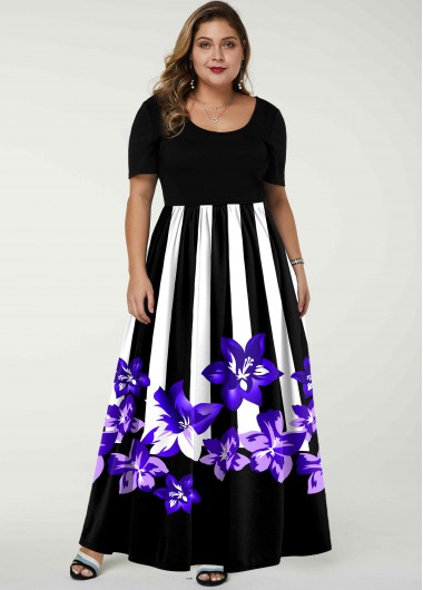 Stripe and Floral Print Short Sleeve Plus Size Dress - 2X