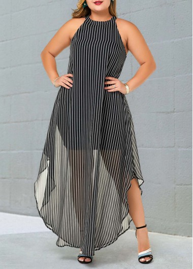 Modlily Plus Size Semi Sheer Striped Bib Neck Dress - 3X